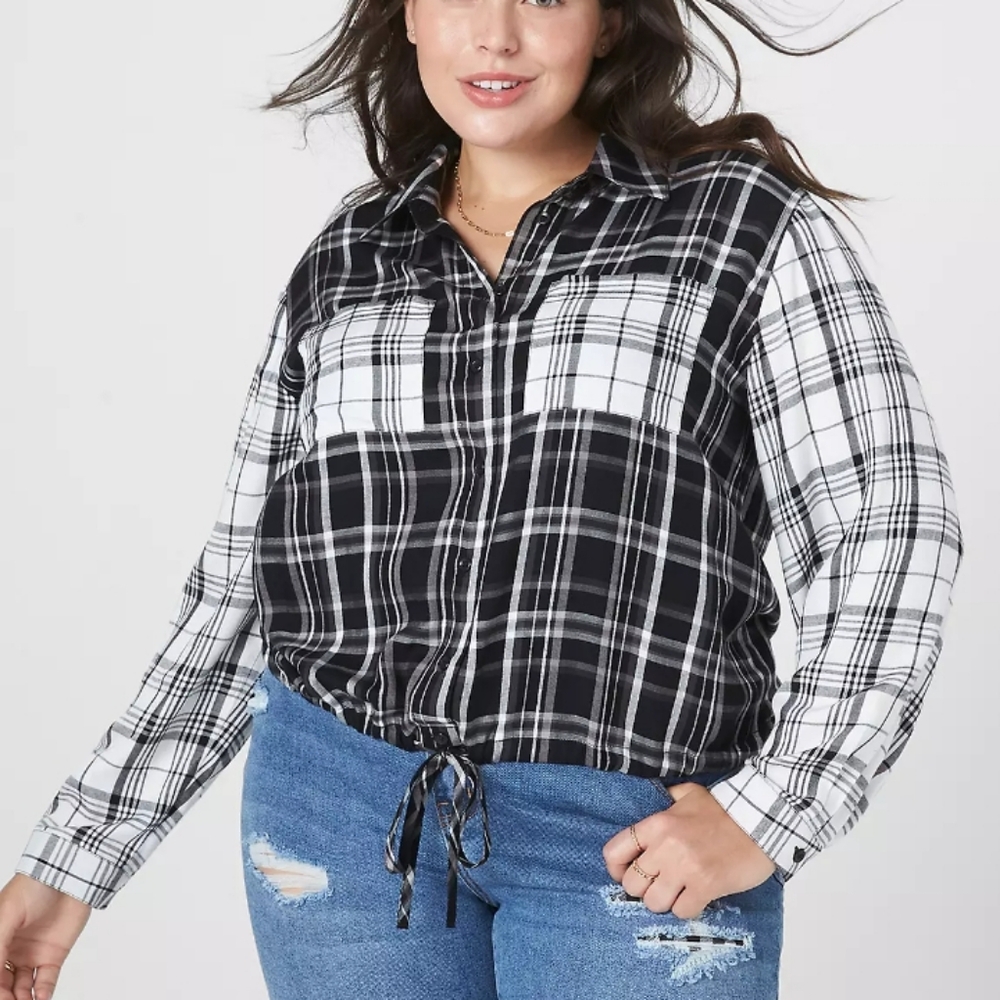 Lane Bryant Blk/white Plaid Flannel Tie Waist Top Sz 22 //